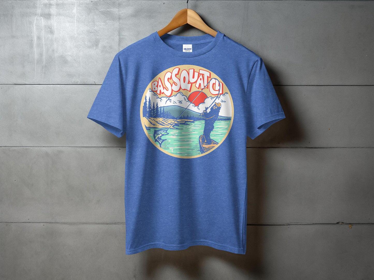 Bassquatch Catching Fish Illustration T-Shirt