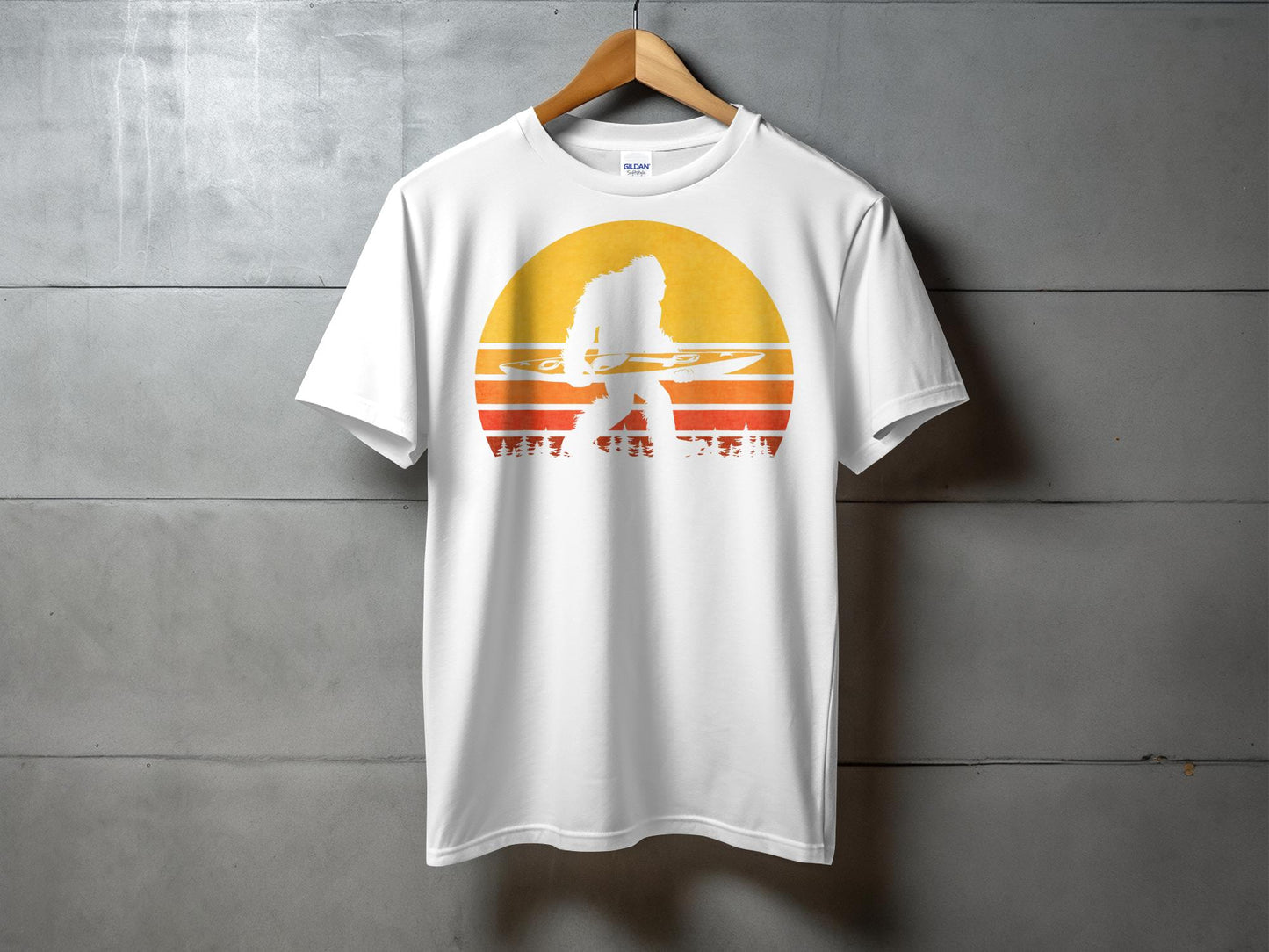 Bigfoot Carrying Kayak Silhouette Retro Style T-Shirt