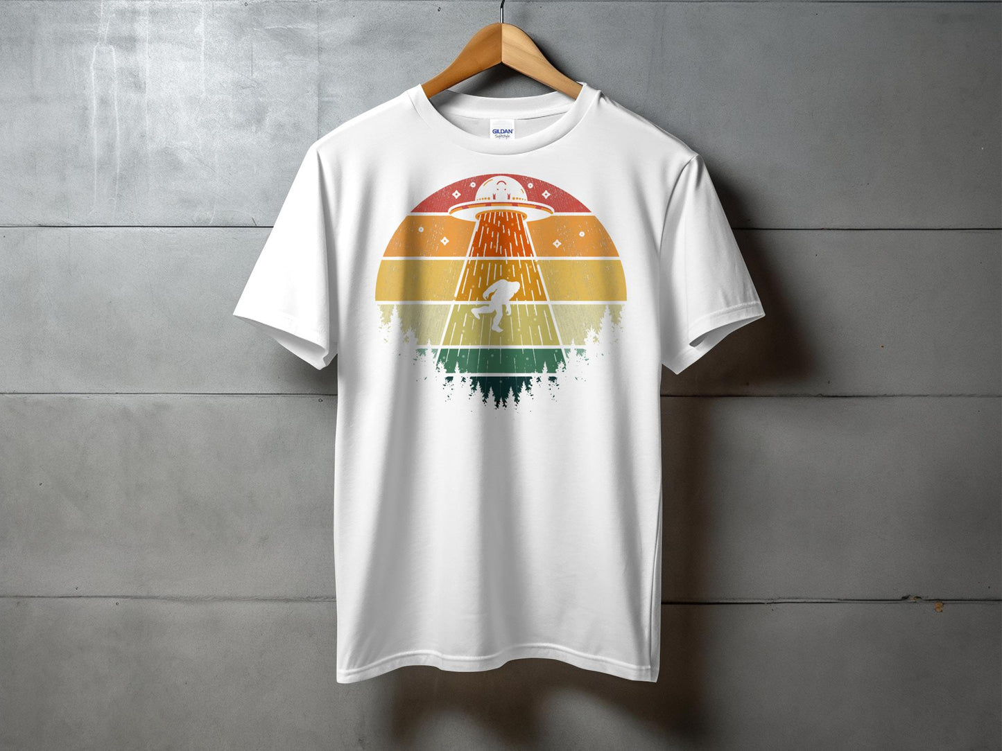 Alien Abduction Scene in Colorful Forest T-Shirt