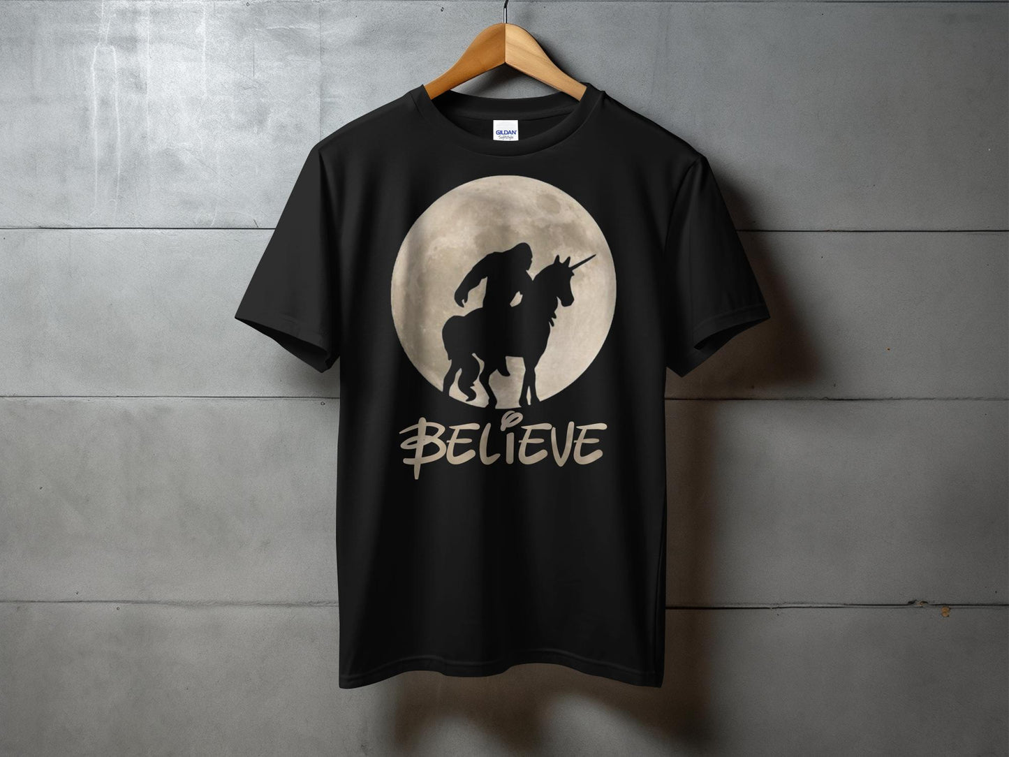 Bigfoot Riding Unicorn Believe Graphic Print T-Shirt