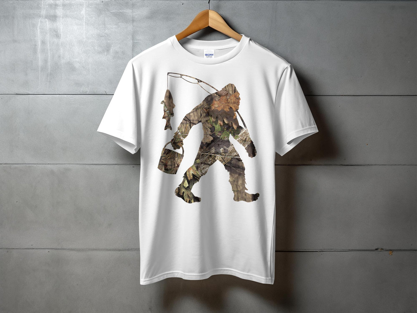 Bigfoot Carrying Fish Hidden in Forest Camouflage T-Shirt