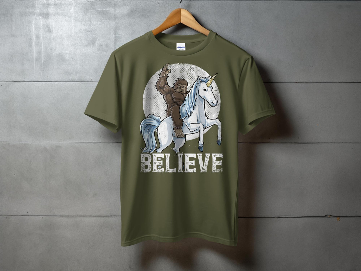 Bigfoot Riding Unicorn Believe Graphic T-Shirt