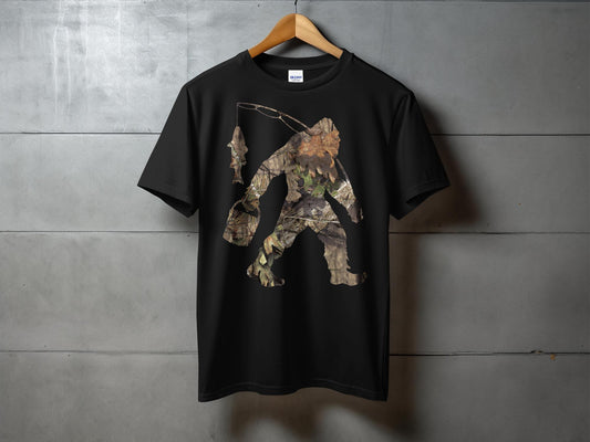 Bigfoot Carrying Fish Hidden in Forest Camouflage T-Shirt