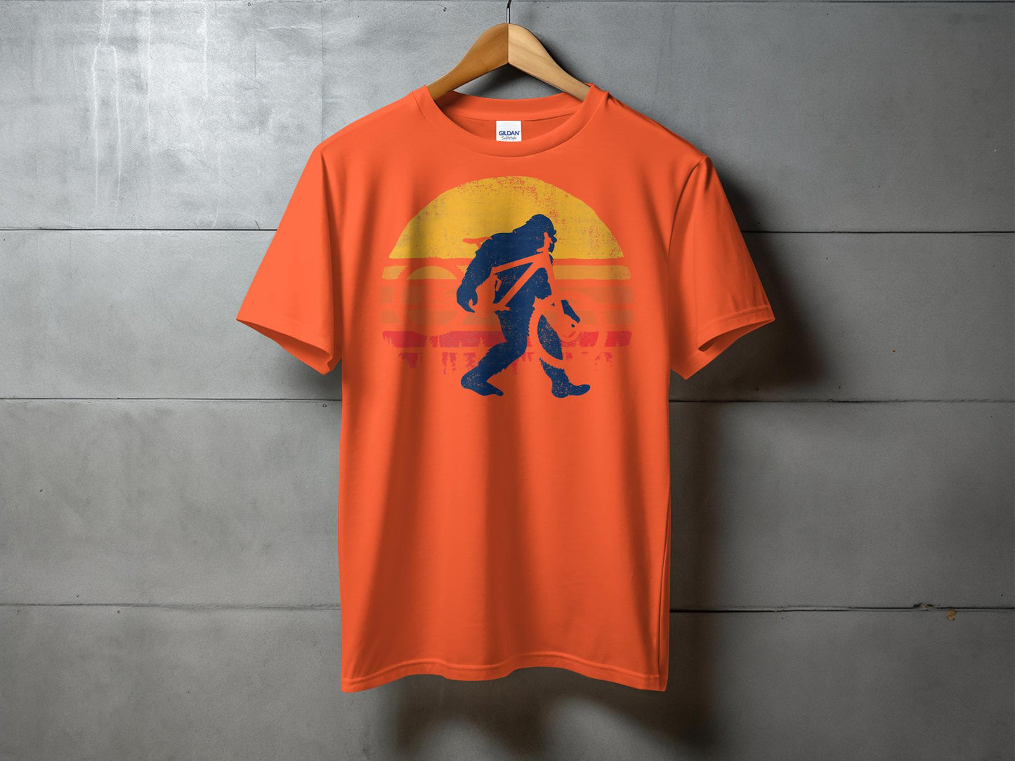 Retro Sunset Bigfoot Riding Bicycle Graphic T-Shirt