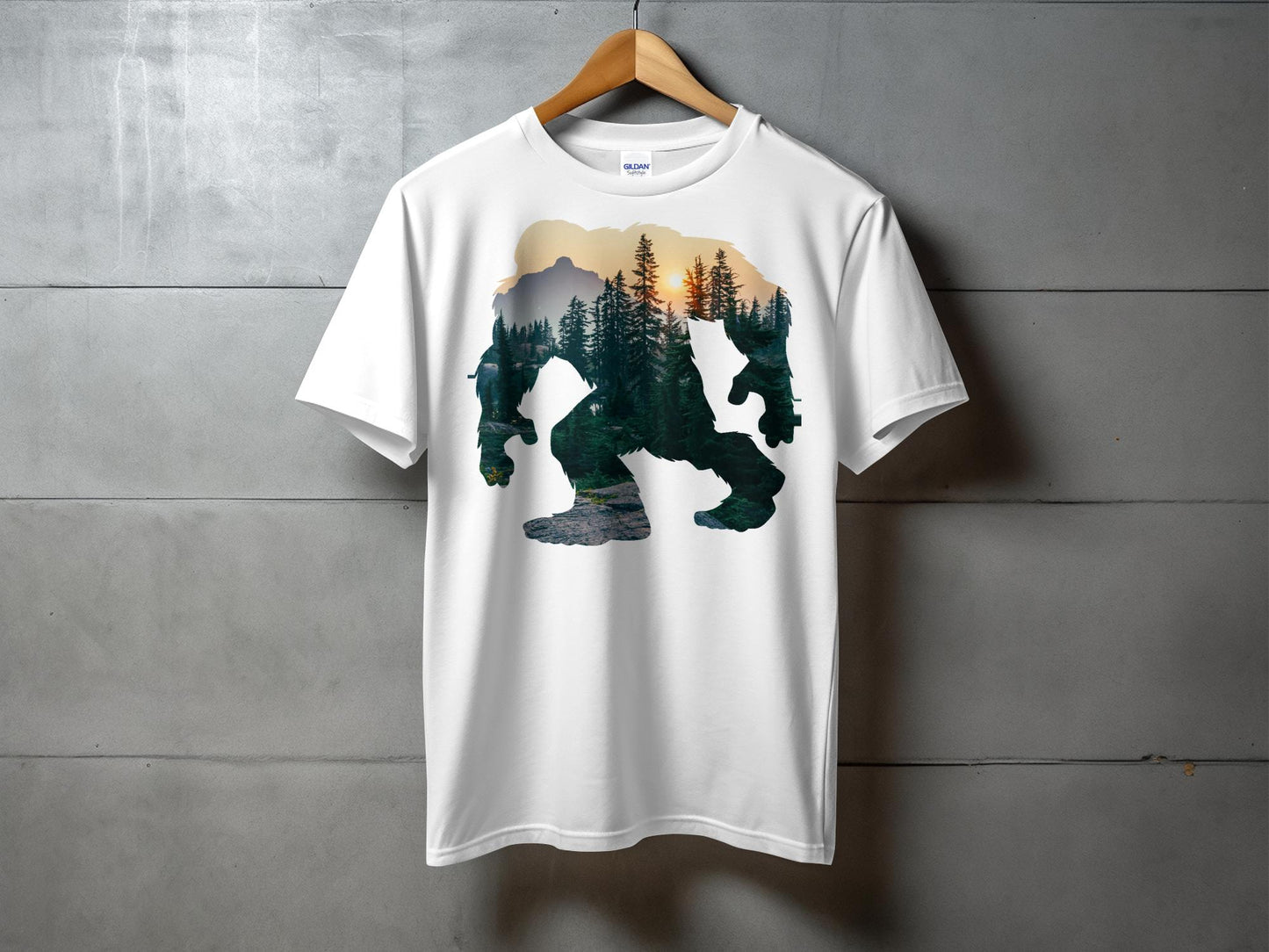 Bigfoot Silhouette with Mountain Forest Design T-Shirt