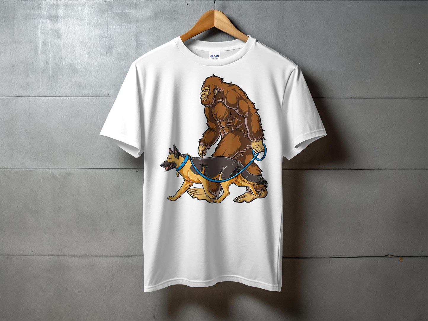 Bigfoot Walking German Sheperd Graphic Design T-Shirt