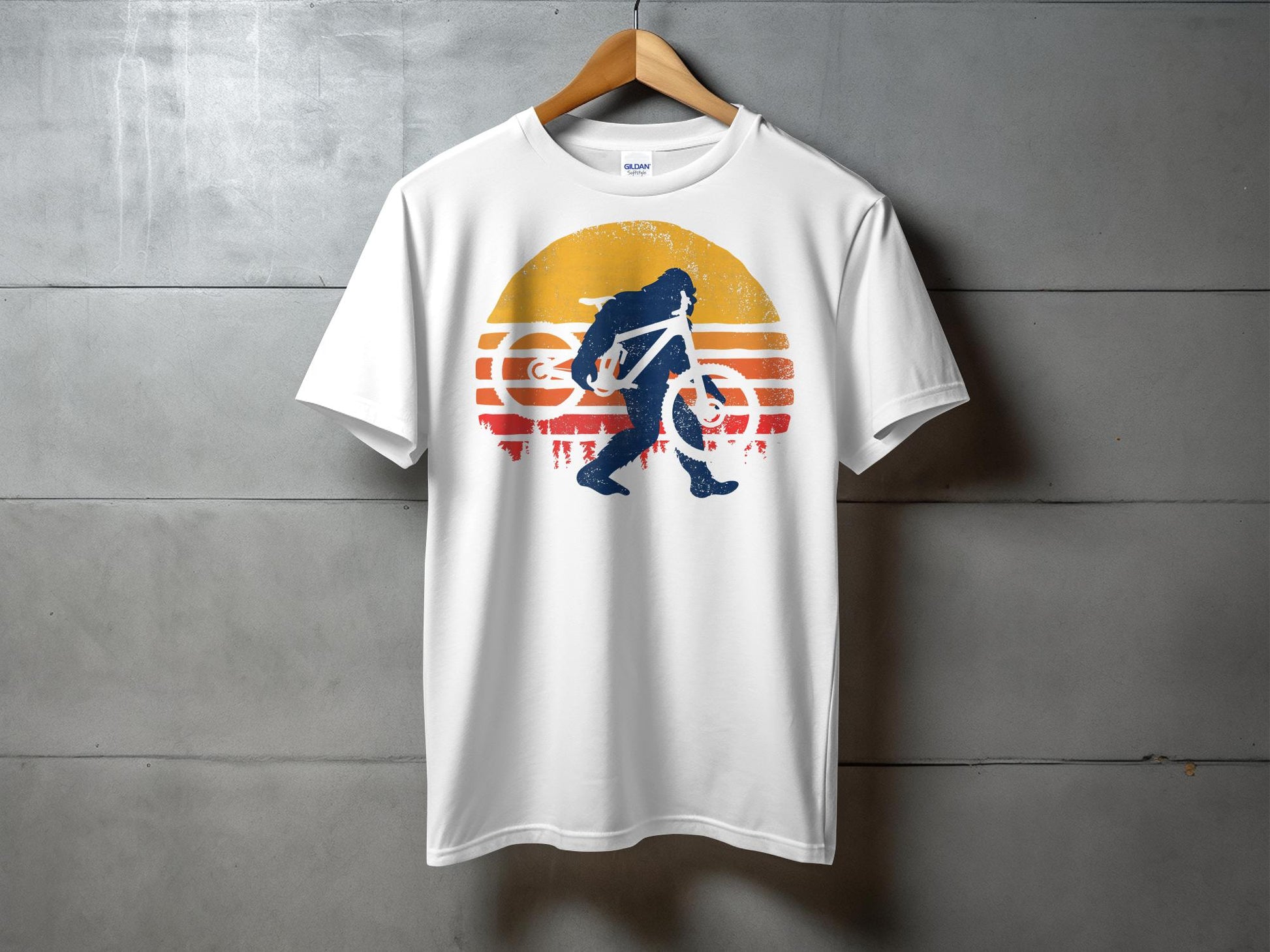 Retro Sunset Bigfoot Riding Bicycle Graphic T-Shirt