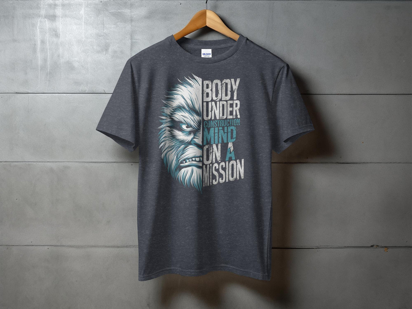 Bigfoot T-Shirt, Body Under Construction Mind On A Mission, Funny Workout Shirt, Fitness Graphic Tee, Gym Motivational Shirt