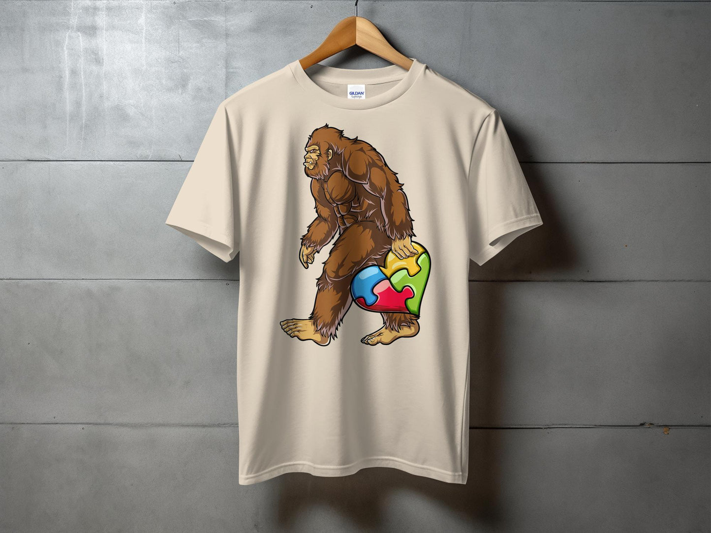 Colorful Autism Puzzle Heart and Bigfoot Walking T-Shirt