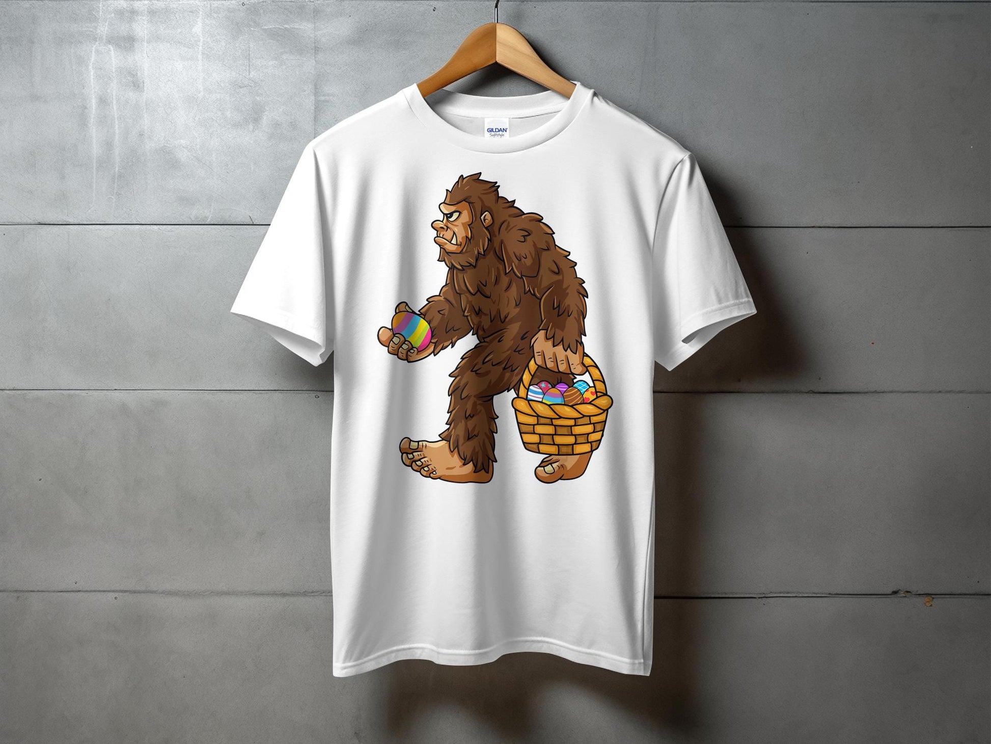 Bigfoot Holding Basket of Colorful Easter Eggs T-Shirt