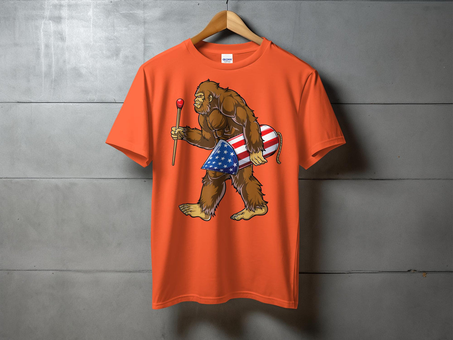 Patriotic Bigfoot Holding Rocket Design Graphic T-Shirt