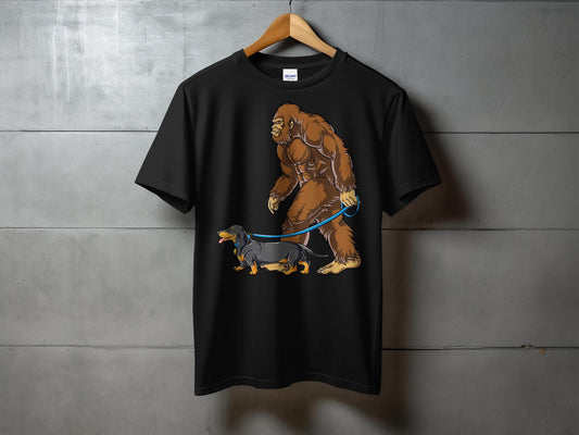 Bigfoot Walking Cute Dachshund Funny Graphic T-Shirt